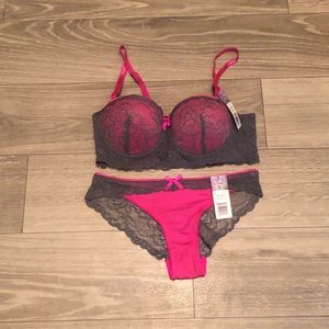 32b bra set pink gray longline lace matching small bikini panty underwear